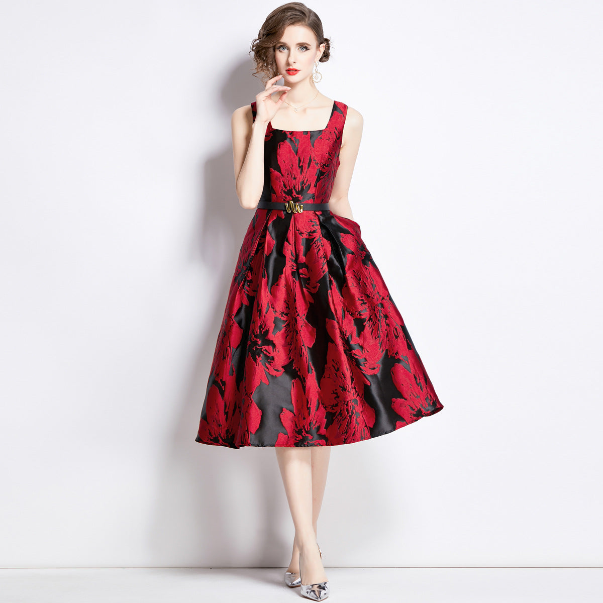 Women Sleeveless Square Neck Self Texture Jacquard Pleated Fitted Dress - 764053260724 (EOSS)